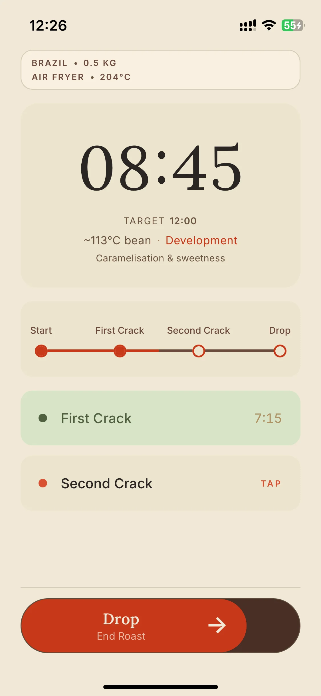 Roast timer at first crack